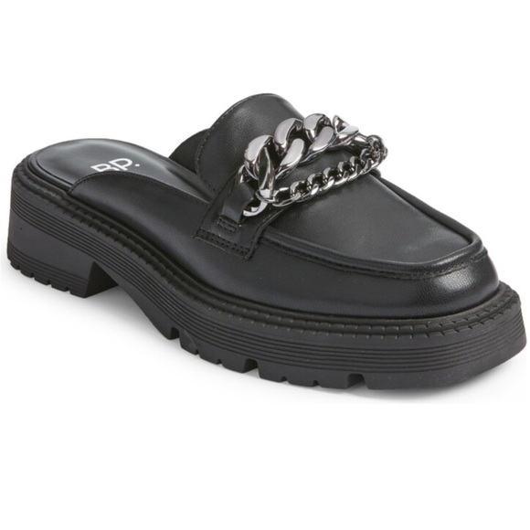 BP Tristan Flat Loafer Black 7.5 M Mule Slip On Chunky 90's Clogs Chain Lug Sole - Picture 1 of 11